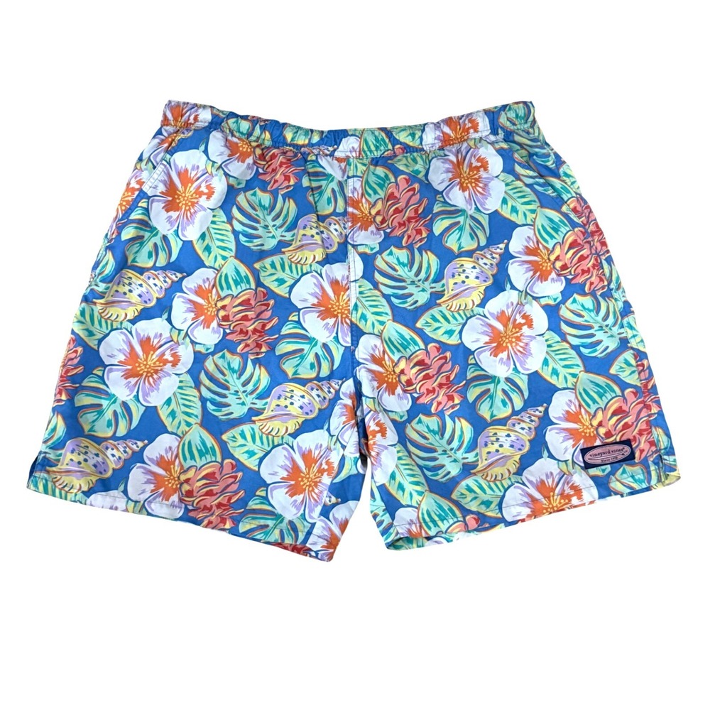 Vineyard Vines Mens XL Blue‎ Tropical Floral Seashell Swim Trunks Beach Resort